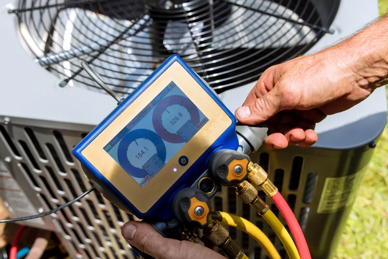Technician using a digital gauge to check HVAC system pressure levels.