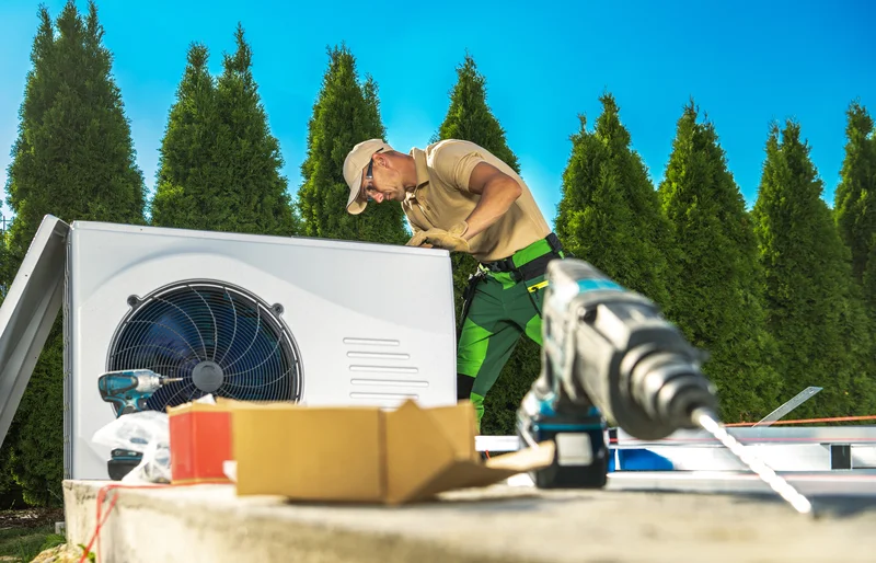 Technician examining outdoor AC unit with tools on a sunny day.
