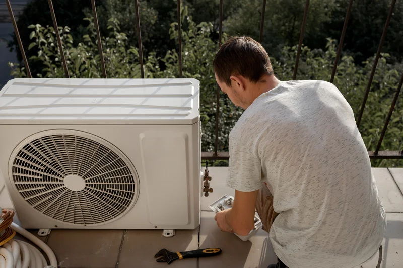 Technician kneeling beside an outdoor air conditioning unit on a balcony, with tools nearby.
