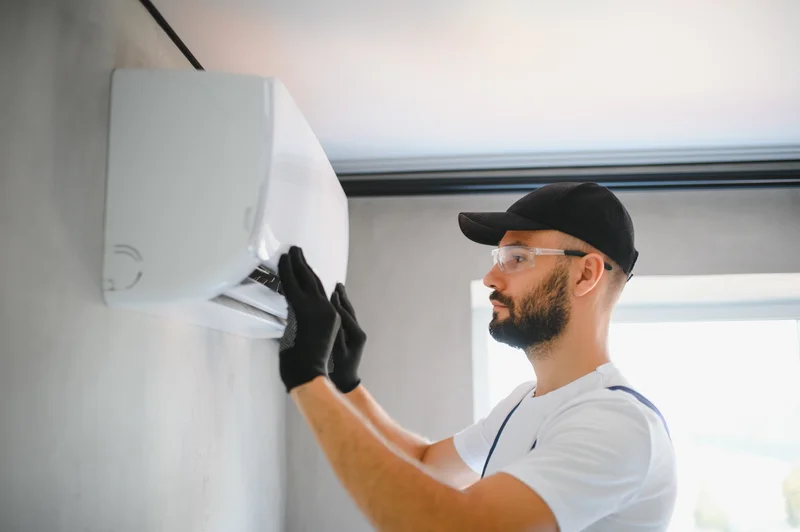 Technician in gloves and cap inspecting a wall-mounted air conditioning unit.