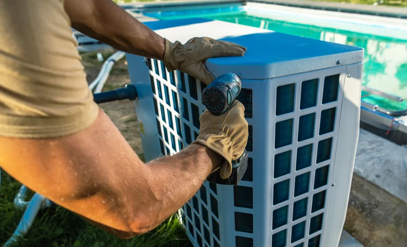 Technician using a drill to service an outdoor AC unit next to a swimming pool.