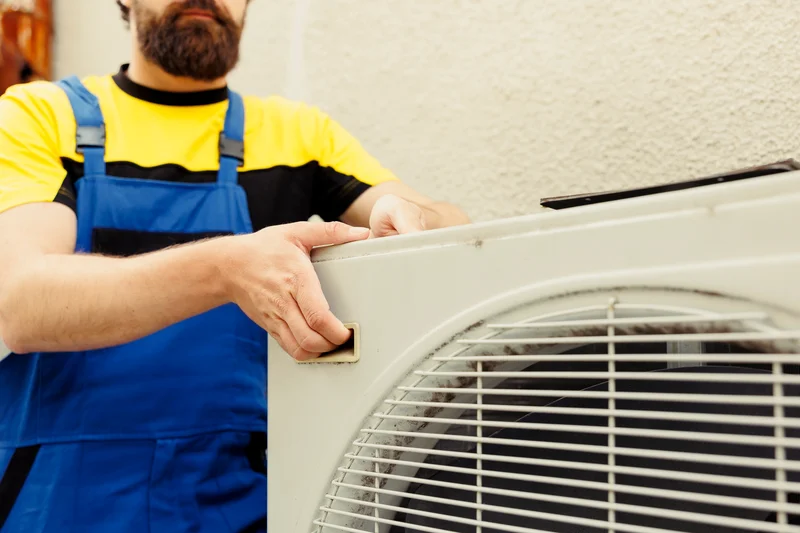 Technician in blue overalls installing an outdoor air conditioning unit.