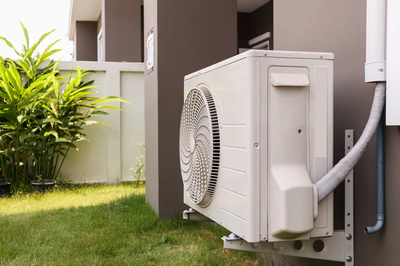 Outdoor air conditioning unit mounted on the side of a house with green plants nearby.