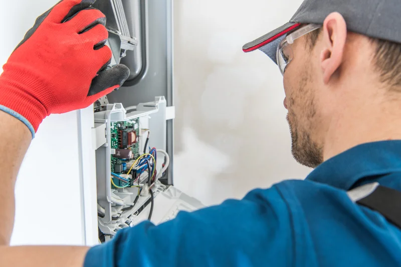 Technician in red gloves and safety glasses repairing a heating unit.