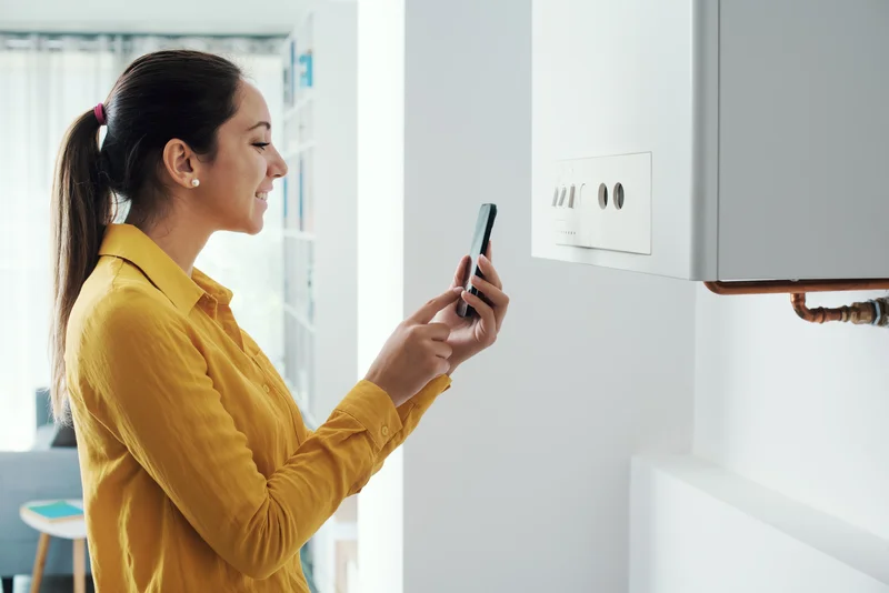 Woman in a yellow shirt smiling and using her phone near a white wall-mounted heating unit.