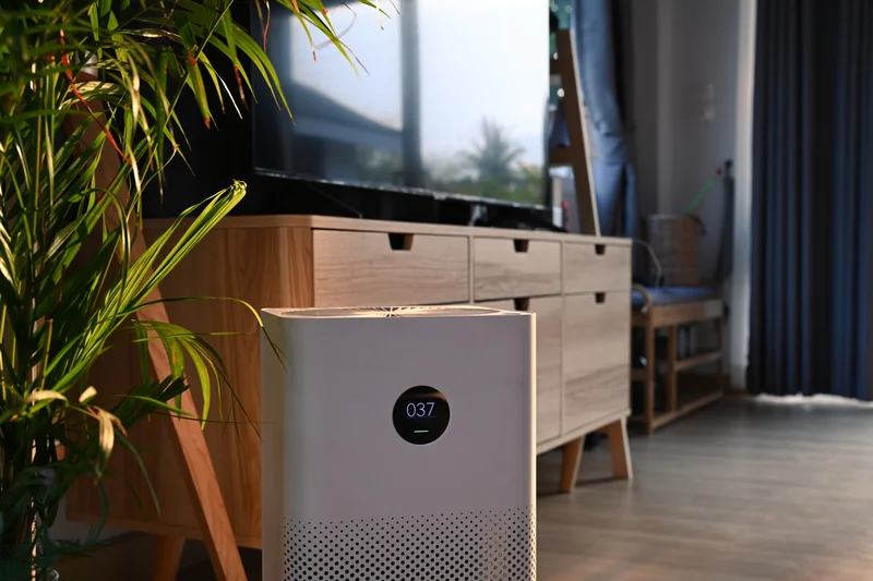 Air purifier with a digital display in a modern living room with wooden furniture and plants.