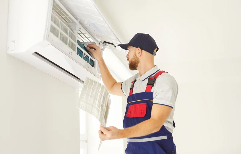 Technician in uniform servicing a wall-mounted air conditioning unit indoors.