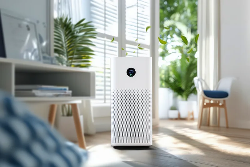 Air purifier operating in a sunny room with leafy plants and modern decor.