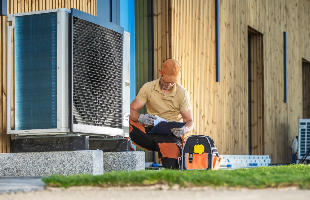 Technician in work clothes and cap reviews documents next to an outdoor HVAC unit with tools on the ground.