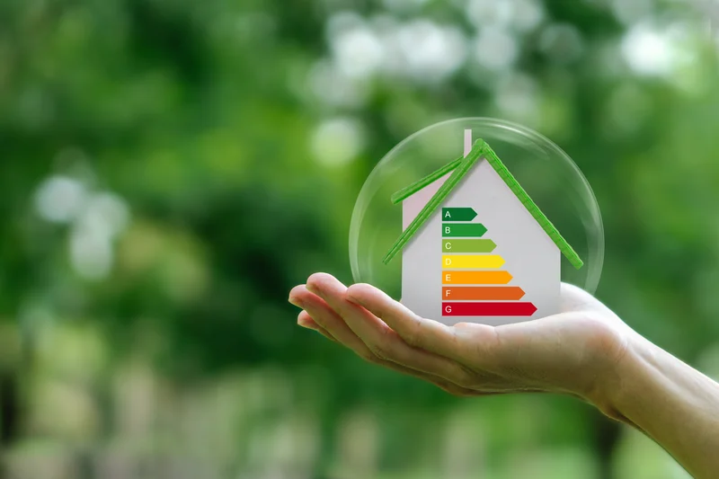 Hand holding a transparent house model with energy efficiency ratings on a blurred green background.