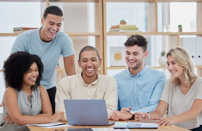 Research, analytics or business people on laptop for internet, social media content search or netwo