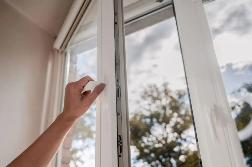 A hand opens a vinyl plastic window on a blue sky background