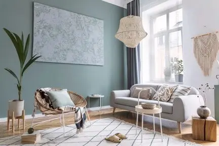 a living room with boho themed