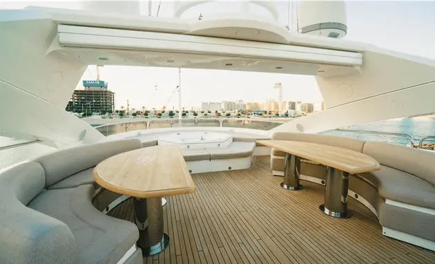 Sunseeker 40M upper aft deck lounge sofas and coffee tables