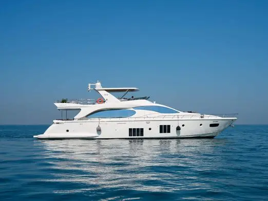 Azimut 88 yacht side profile cruising in Dubai waters