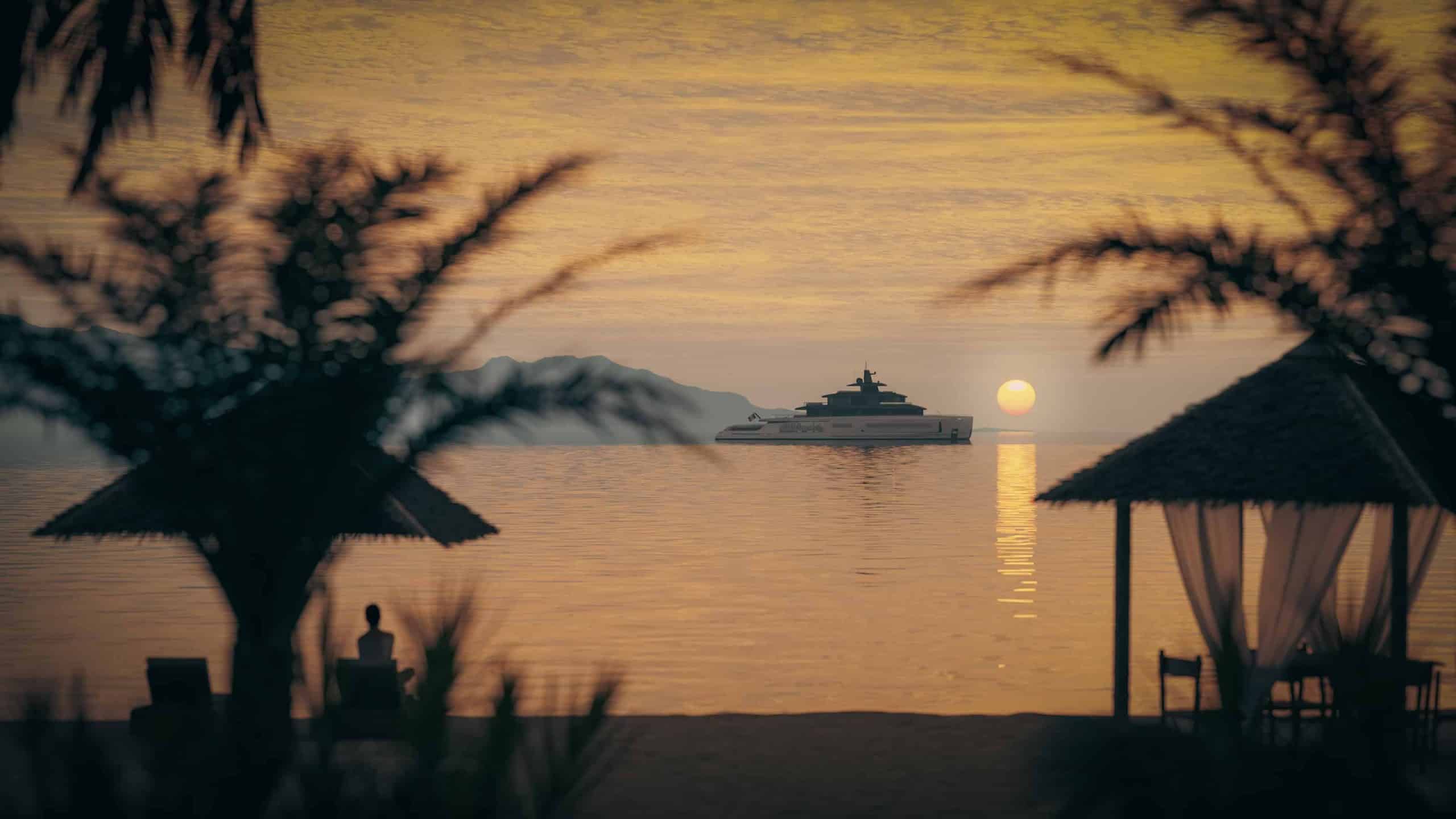 Benetti B.Yond 57M at sunset seen from the beach terrace, shipyard rendering