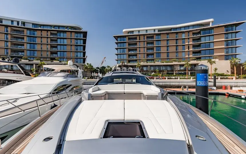 Pershing 8X foredeck and bow sunpads, marina berth alongside