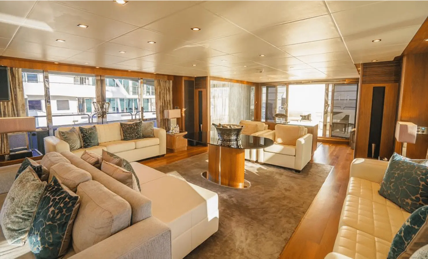 Sunseeker 40M main saloon lounge looking aft to sliding doors