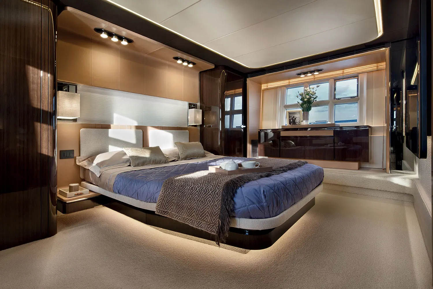 Azimut 77S owner cabin double bed and vanity desk — shipyard photo