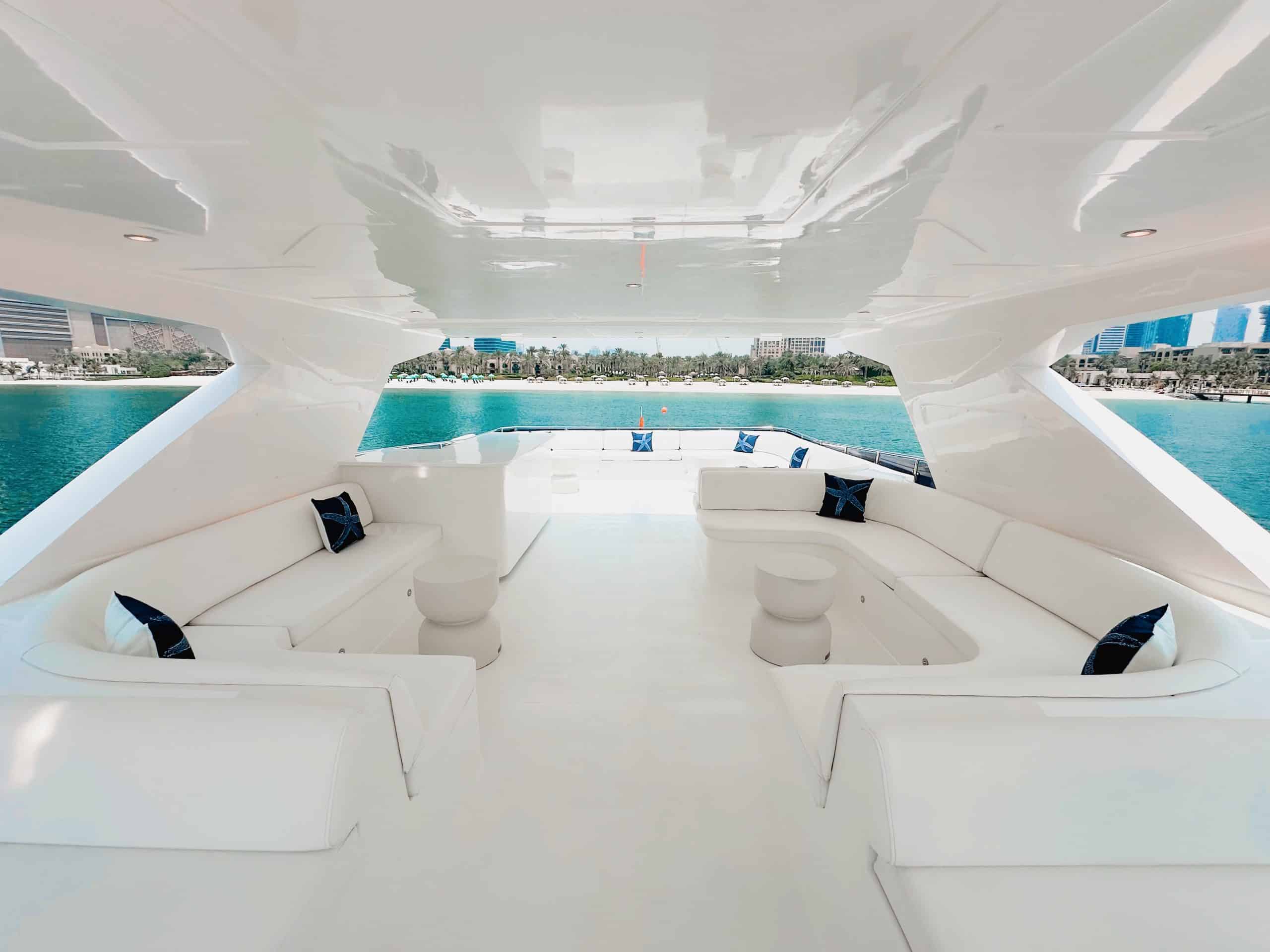 Carina 75 yacht aft deck seating area with panoramic ocean views