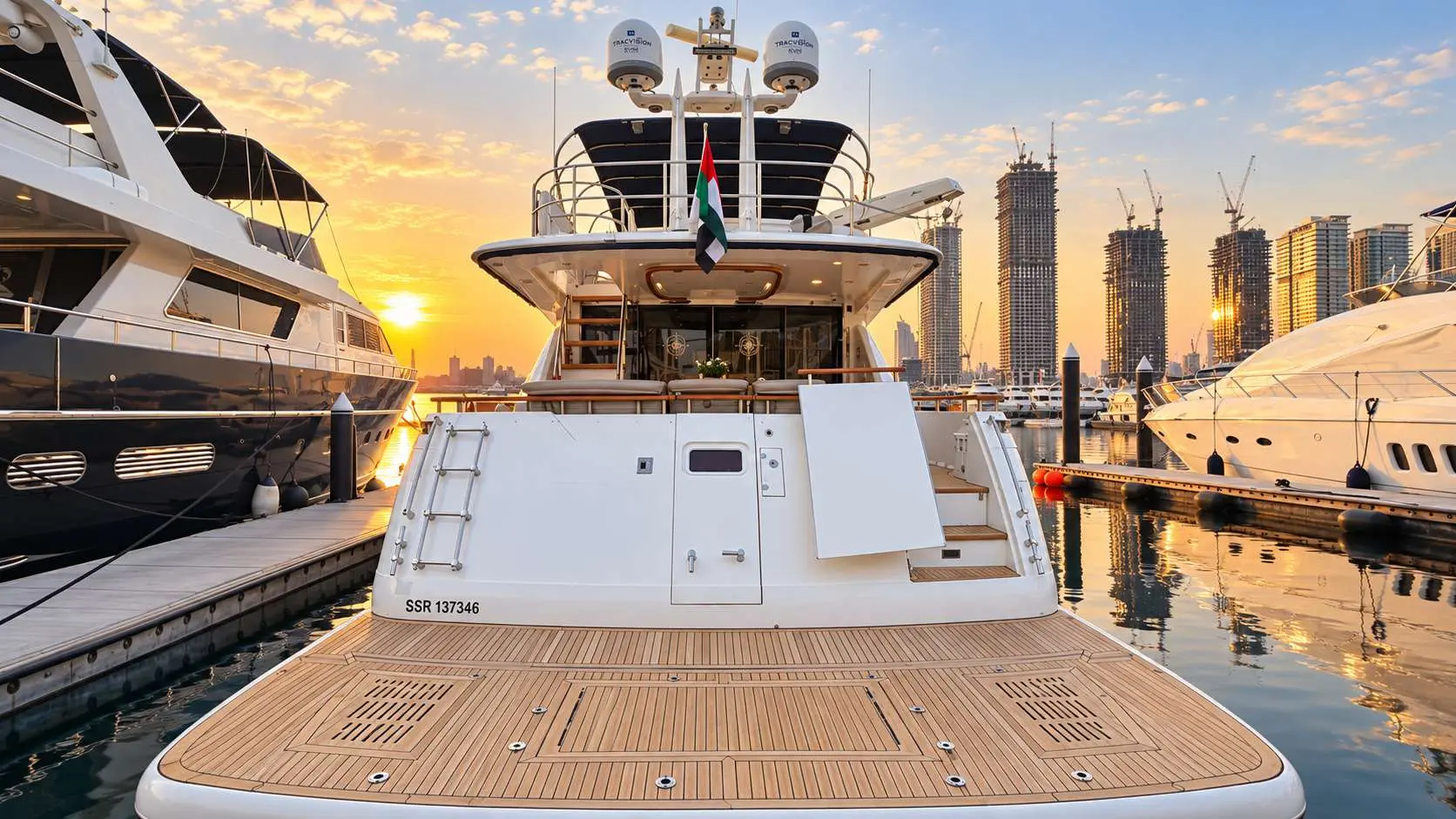 Empress 80 swim platform and aft deck at sunset, Dubai Harbour