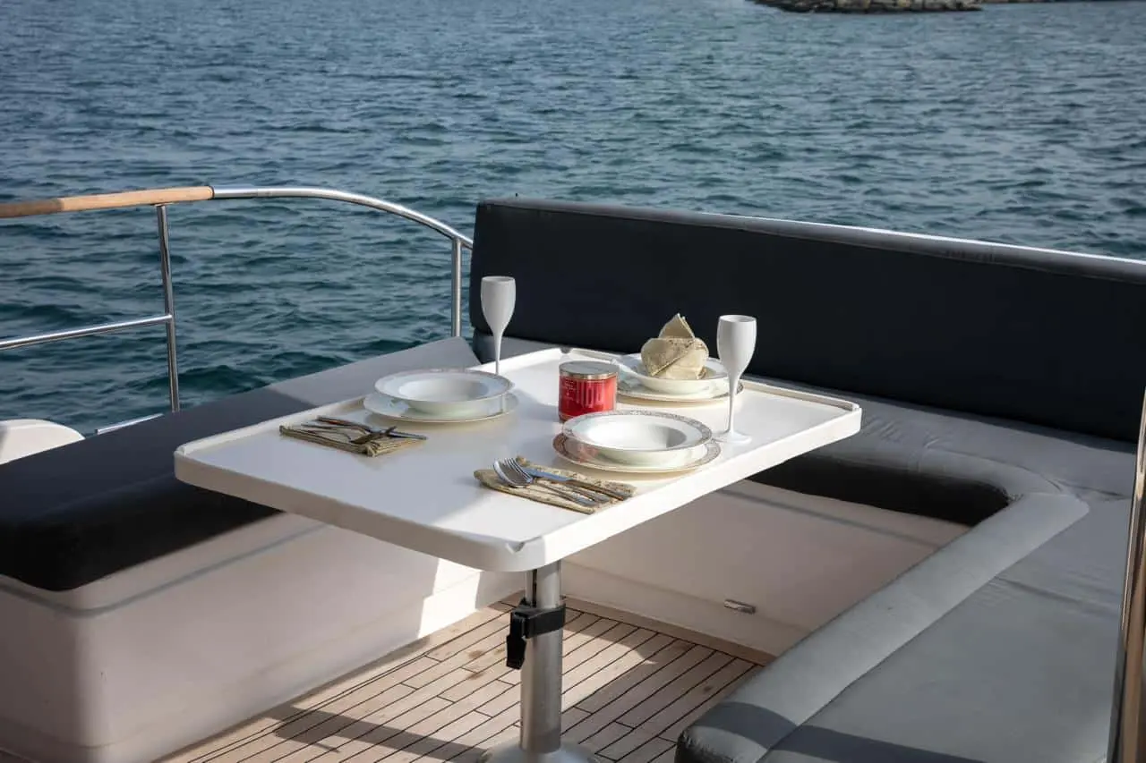 Rear swim platform seating area on Zenith 64 yacht