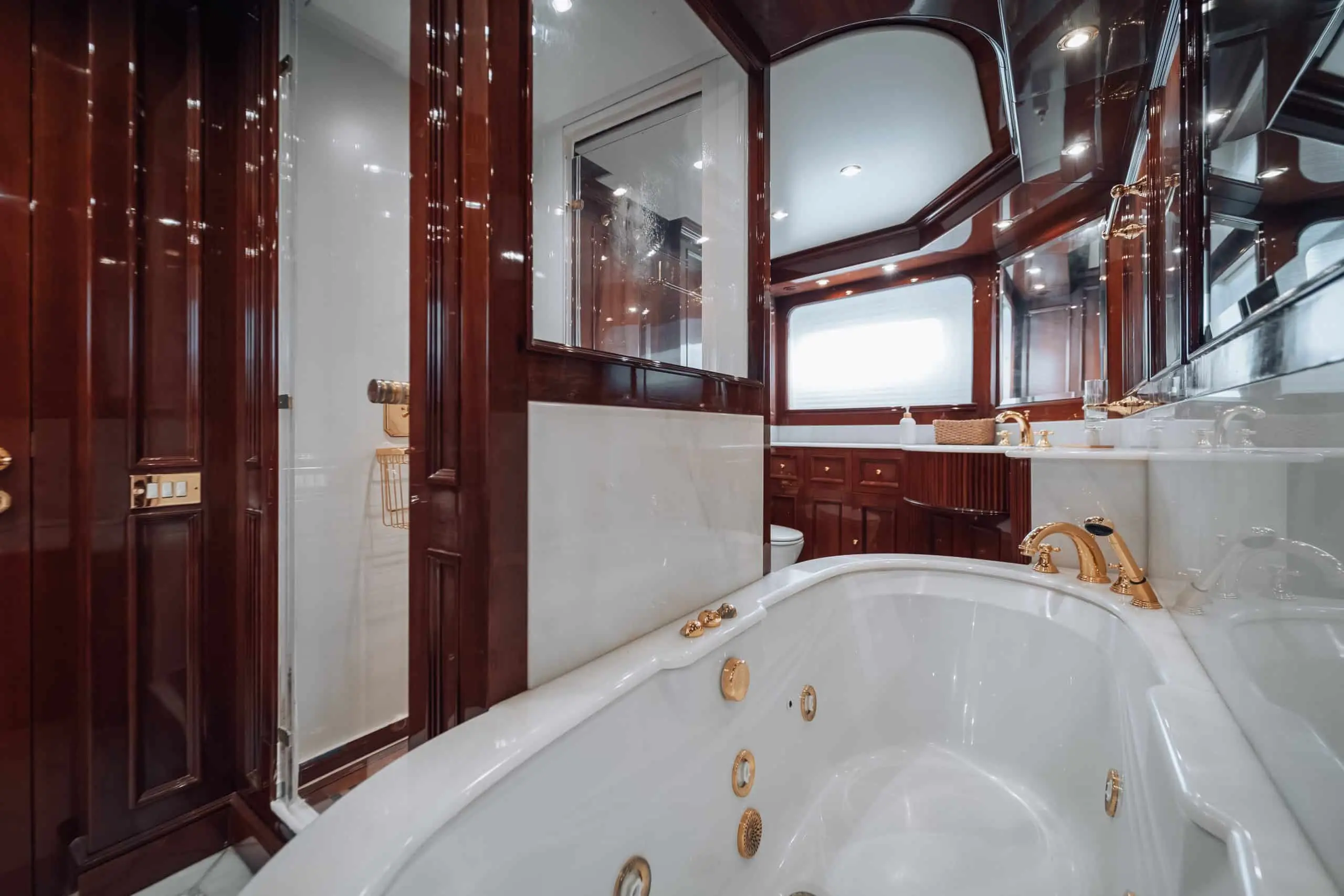 Royal Mirage yacht luxury ensuite bathroom with marble vanity and mirror