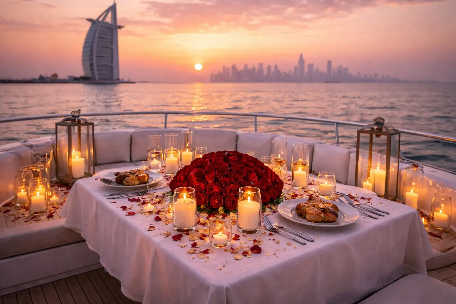 Romantic candlelight dinner setup on yacht deck at sunset in Dubai