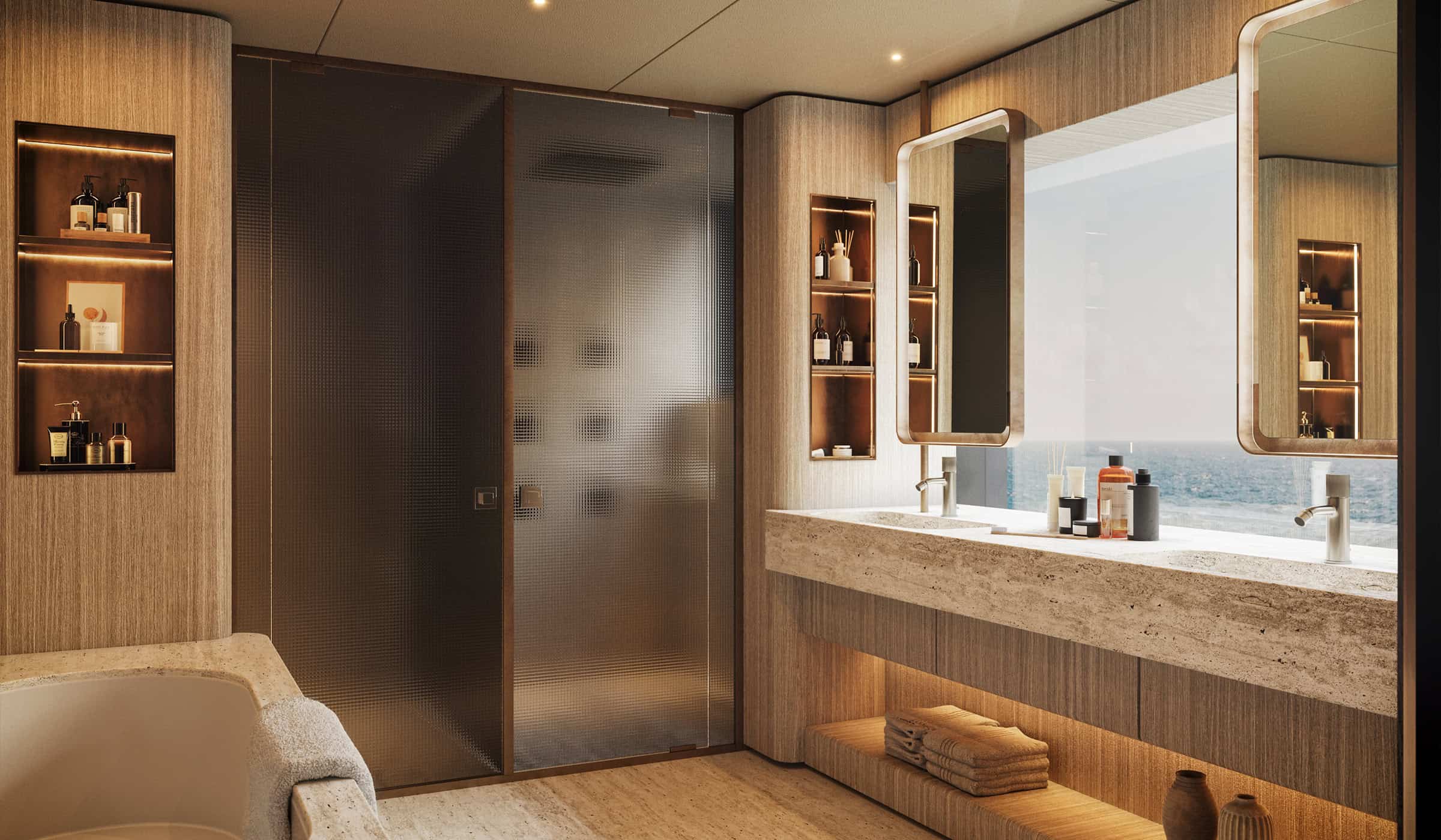 Benetti B.Yond 57M owner's bathroom, shipyard rendering