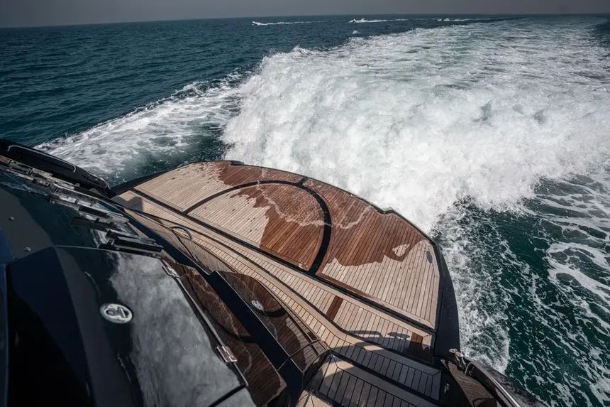 Sunseeker 82 Yacht swim platform underway with wake astern