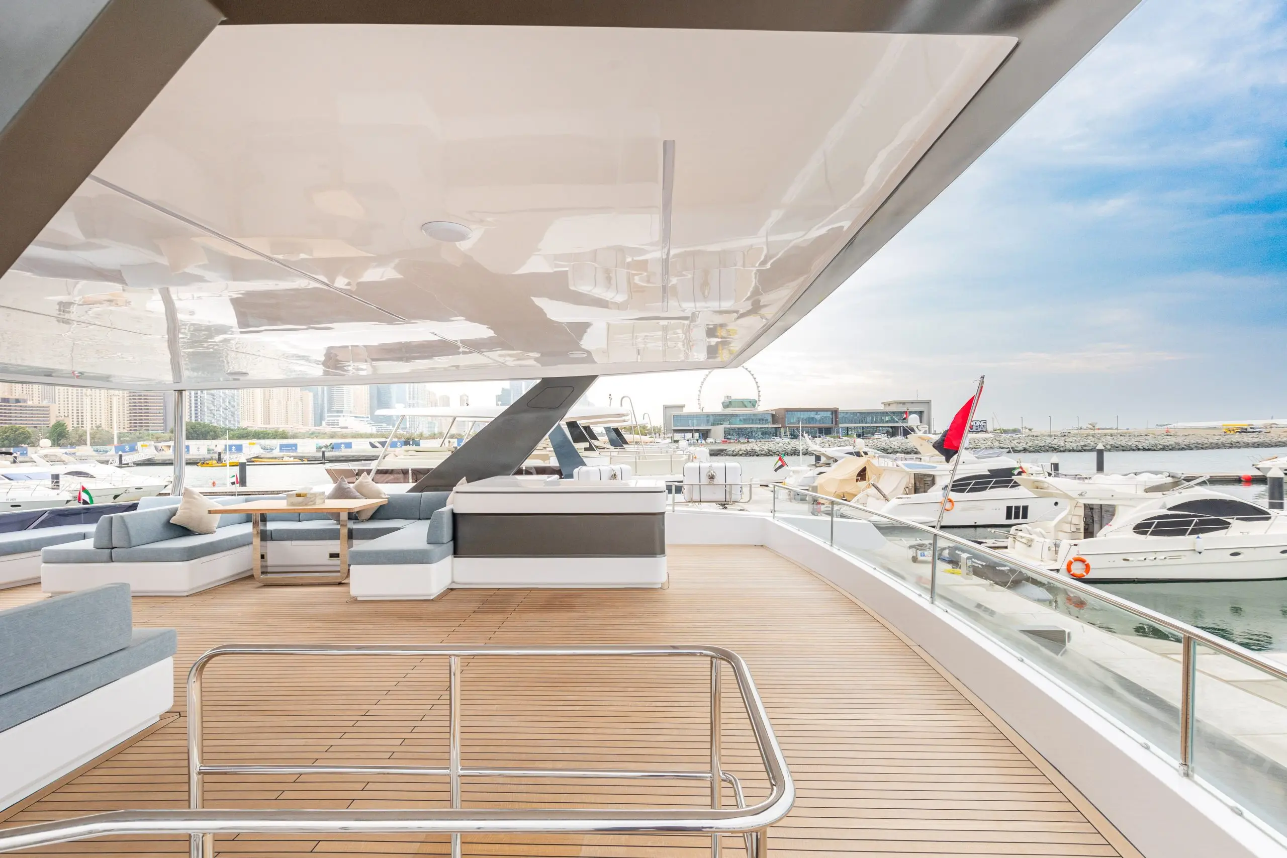 Rear deck of the Zirve 72 yacht with stairs and open platform overlooking the sea
