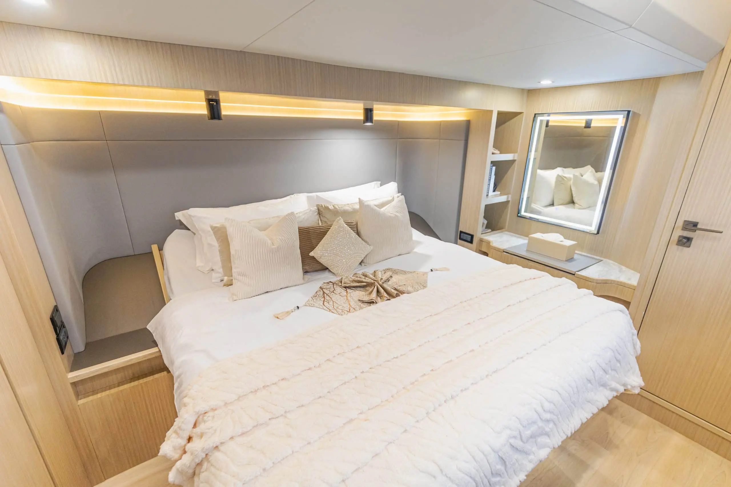 Zirve 72 yacht master cabin with king-size bed and soft LED lighting