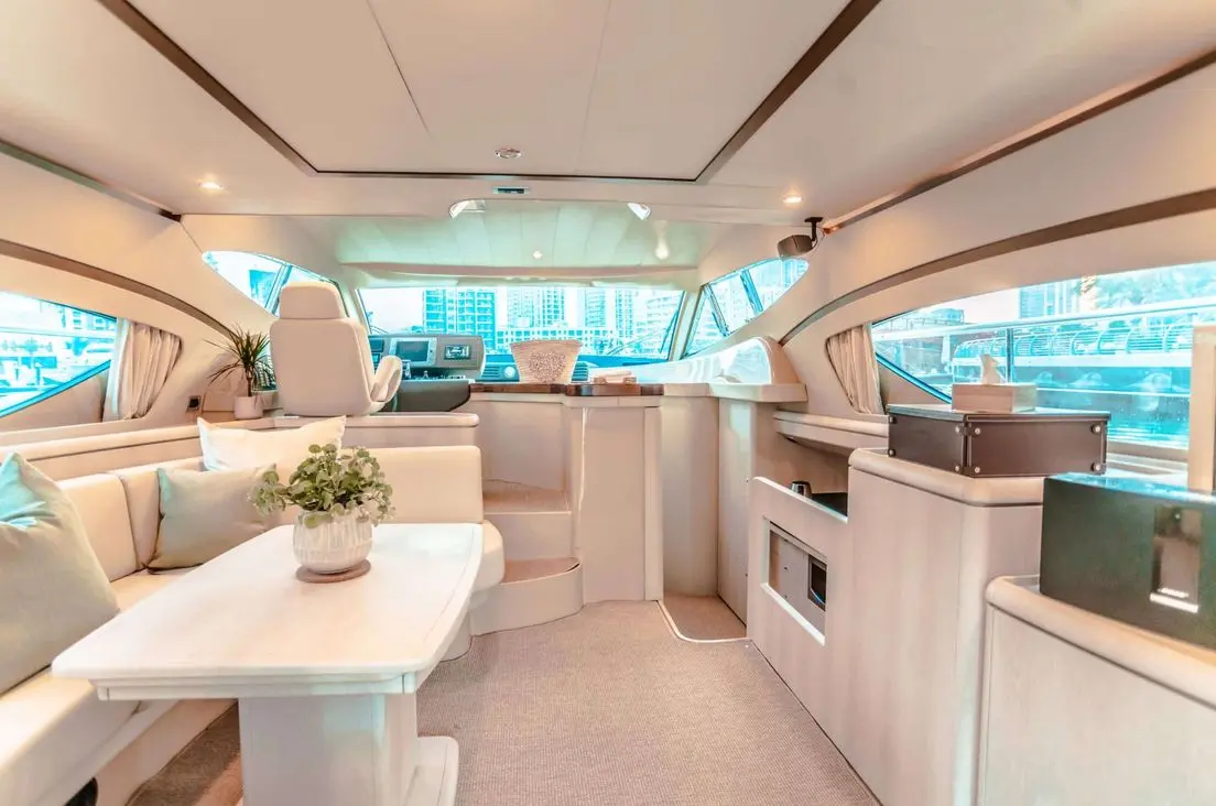 Elise 50 yacht interior saloon with modern seating and large windows
