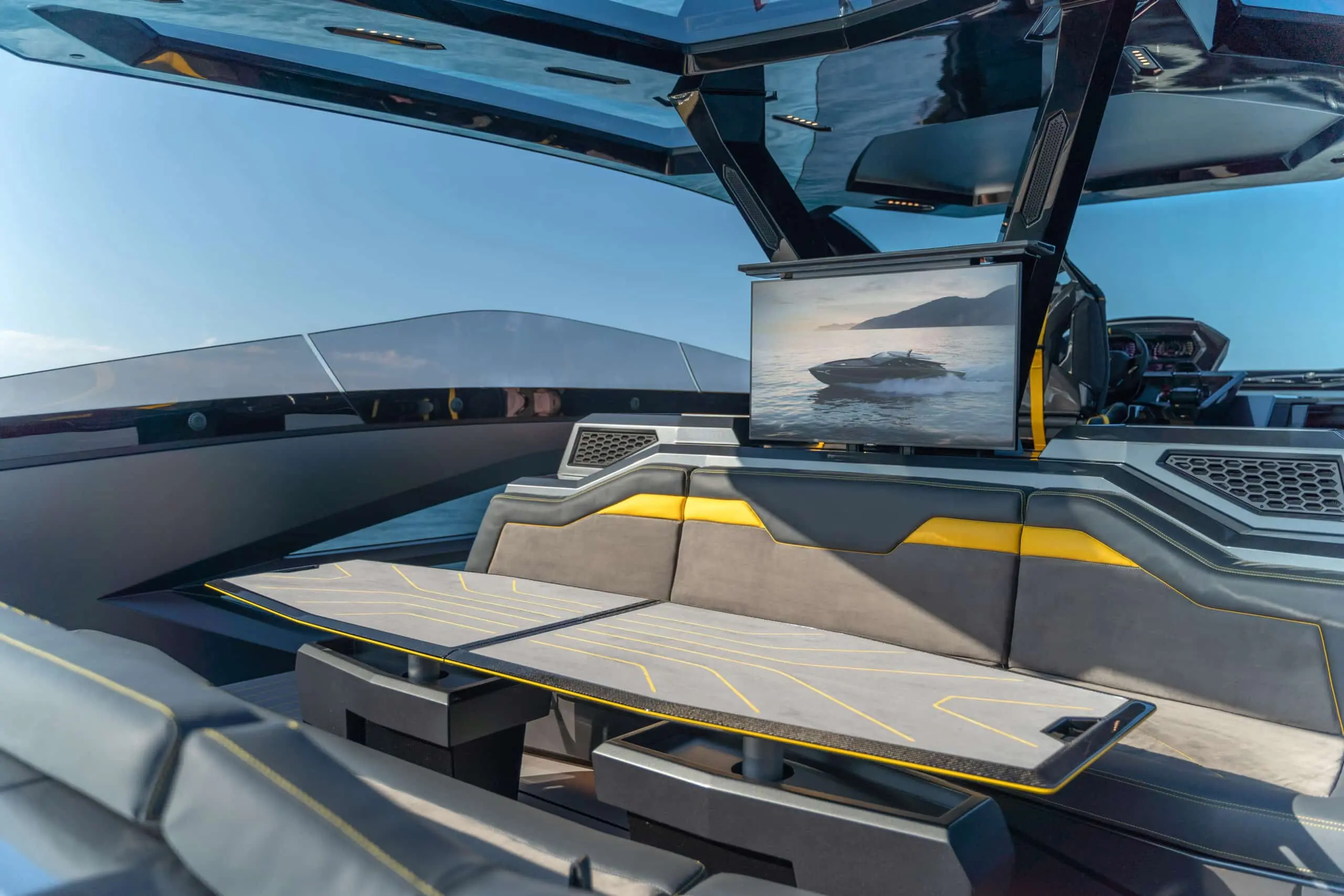 Tecnomar Lamborghini 63 cockpit lounge and tables, shipyard photo