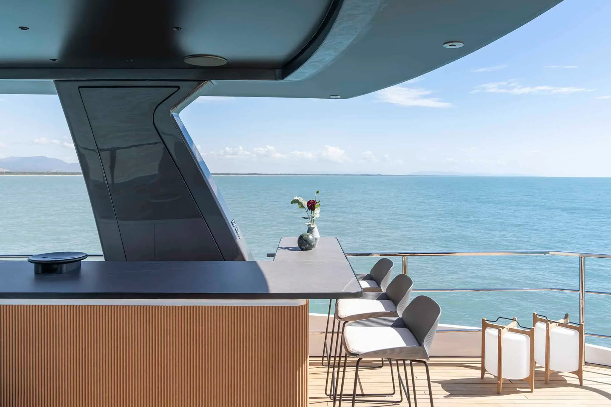 Azimut Grande 36M flybridge bar counter with stools, shipyard photo