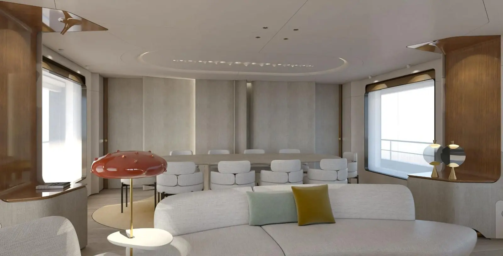 Azimut Grande 36M main salon lounge with panoramic glazing, shipyard rendering