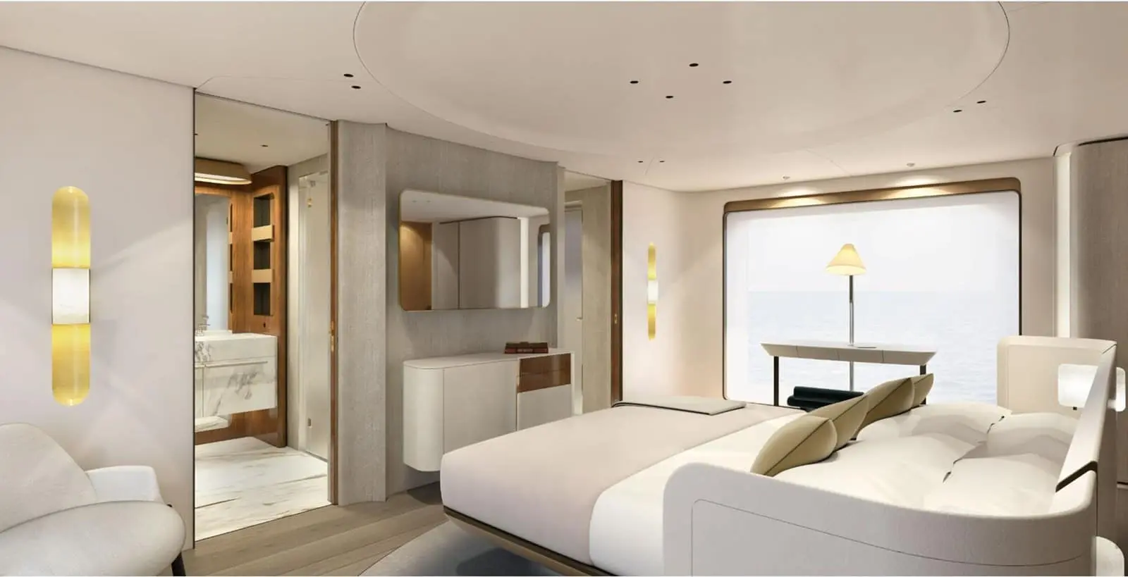 Azimut Grande 36M owner suite looking through to the bathroom, shipyard rendering