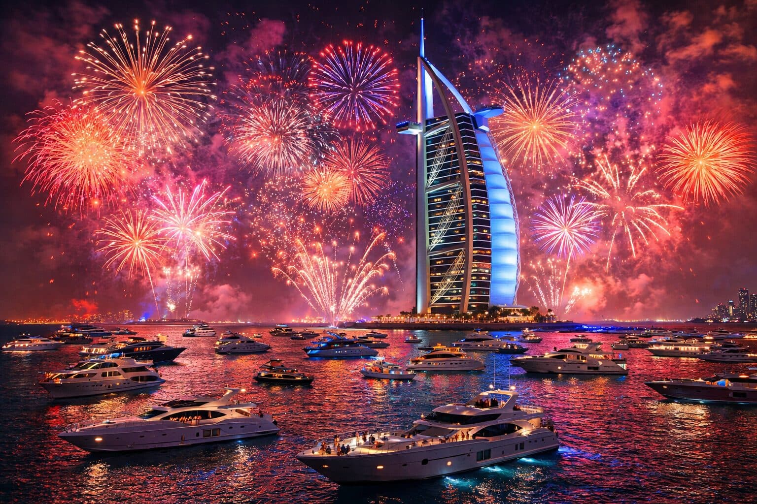 New Year’s Eve yacht charters in Dubai with Burj Al Arab fireworks and multiple luxury yachts on the water.