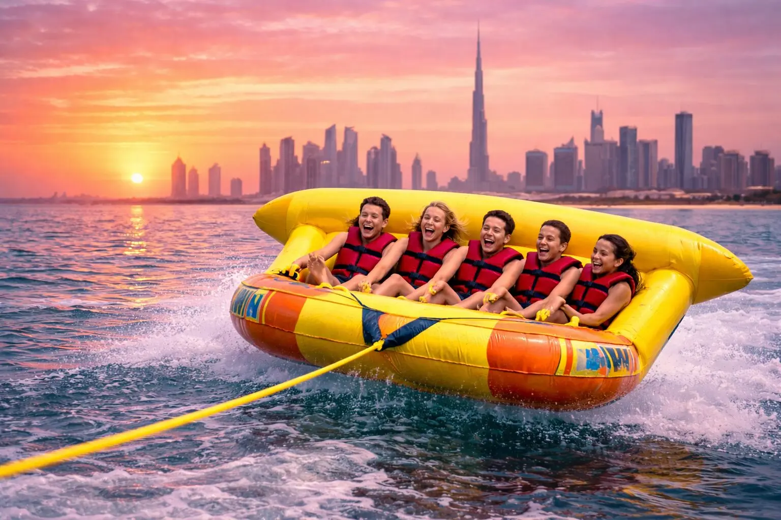 Tourists enjoying fly fish water sport ride near Burj Al Arab in Dubai