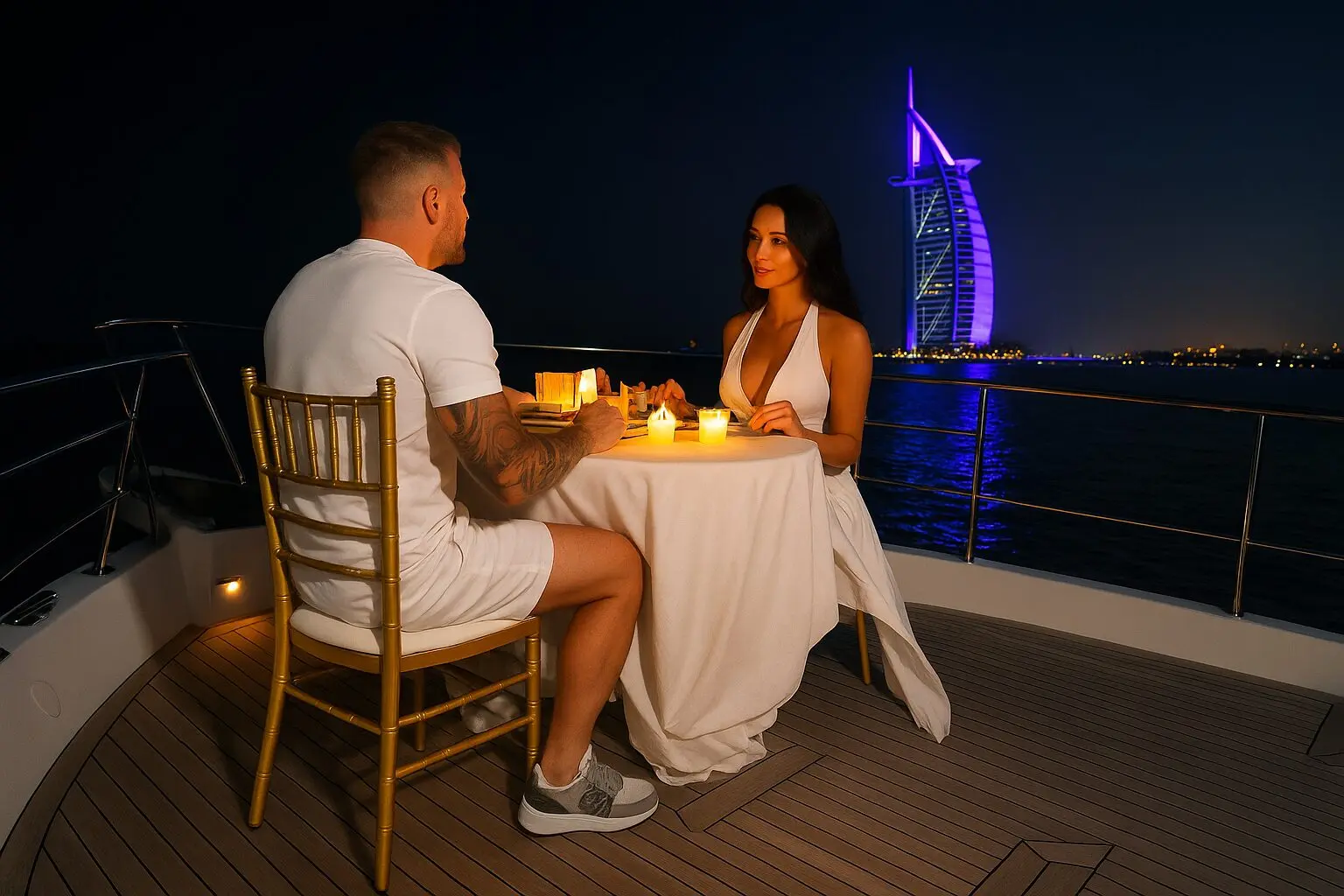 Candlelit romantic dinner setup on a private yacht in Dubai Marina with city lights in the background