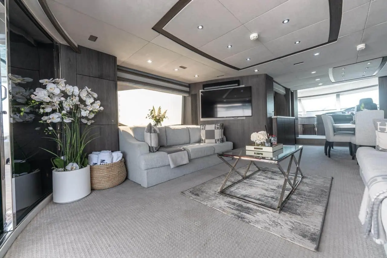 Sunseeker 82 Yacht saloon lounge with television and new carpets