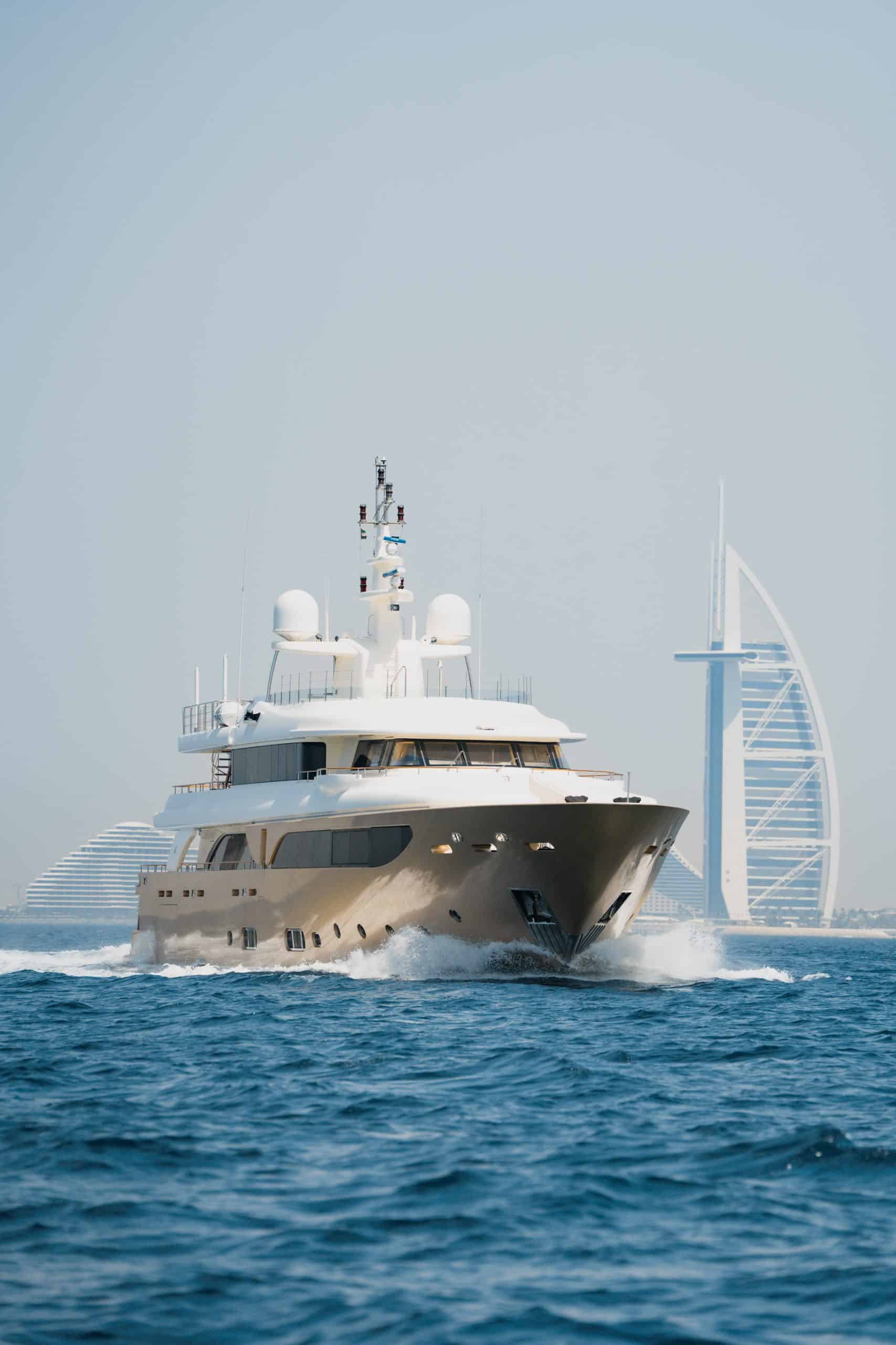 MILA 141 yacht cruising near Burj Al Arab in the Arabian Gulf