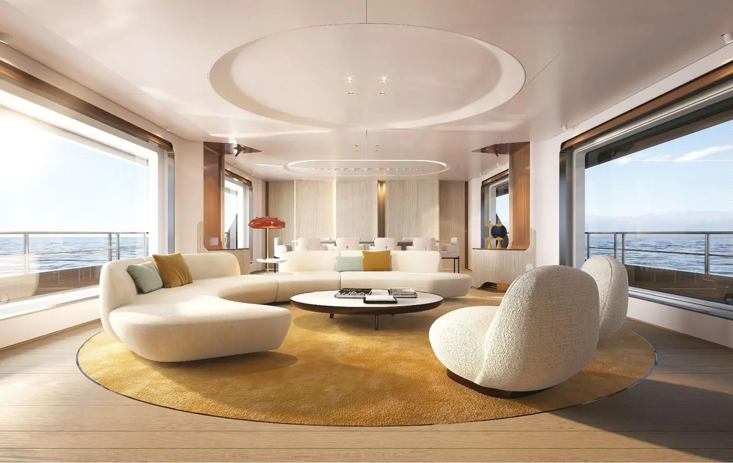 Azimut Grande 36M salon with circular seating area, shipyard rendering