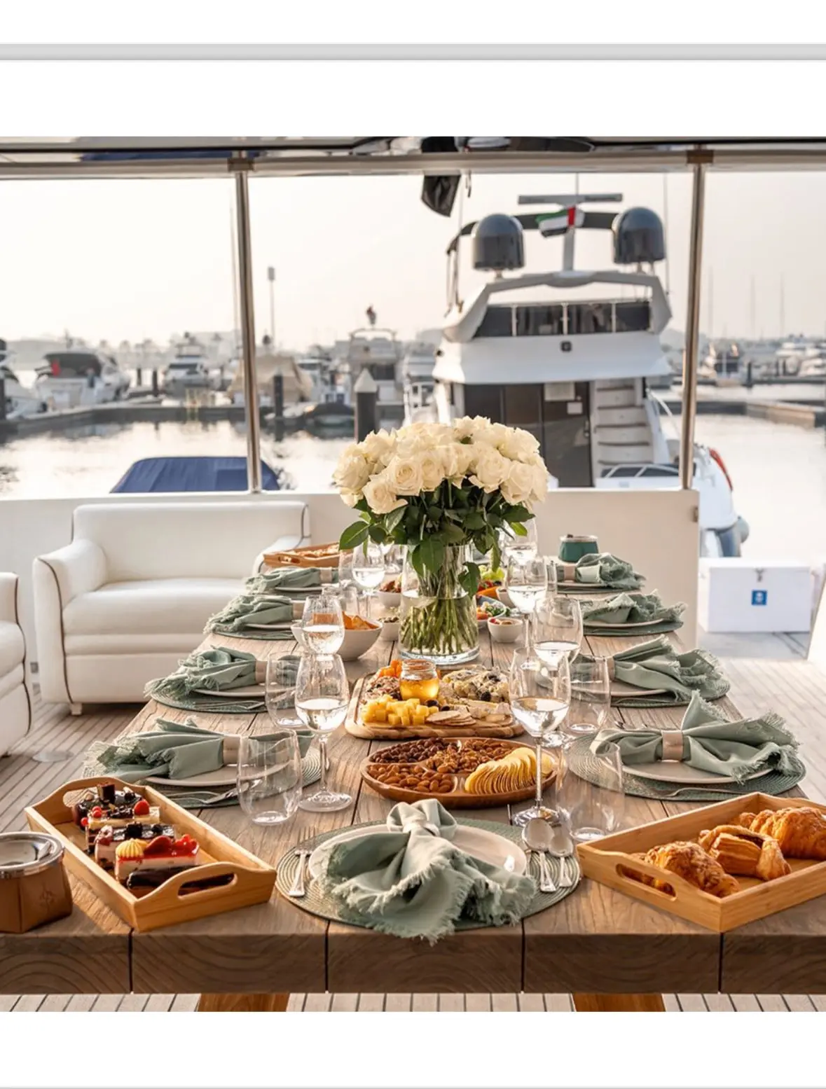 Luxury private chef dining setup onboard yacht with gourmet dishes and elegant table setting