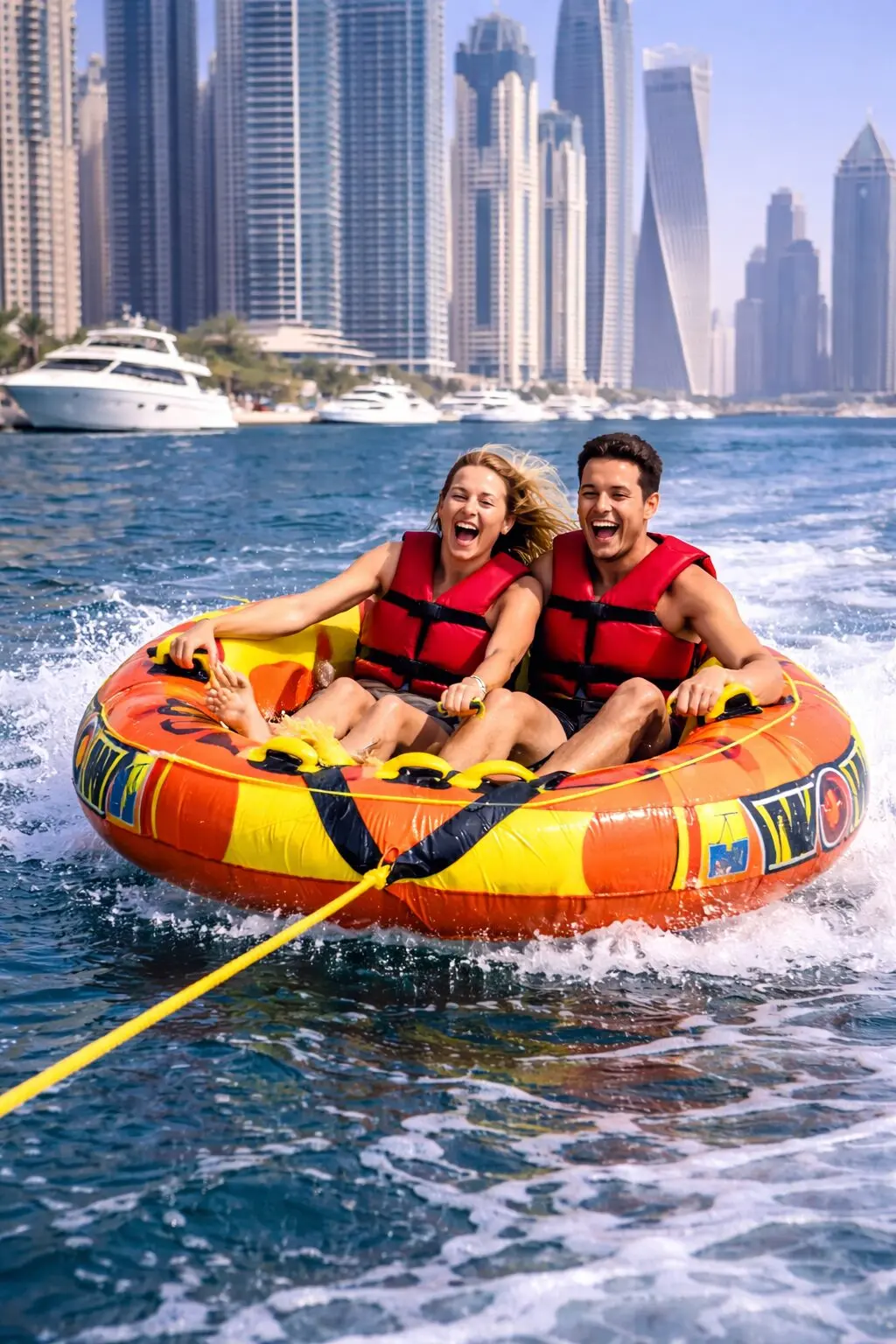 Couple enjoying a high-speed donut ride on an inflatable tube with Dubai skyline in the background