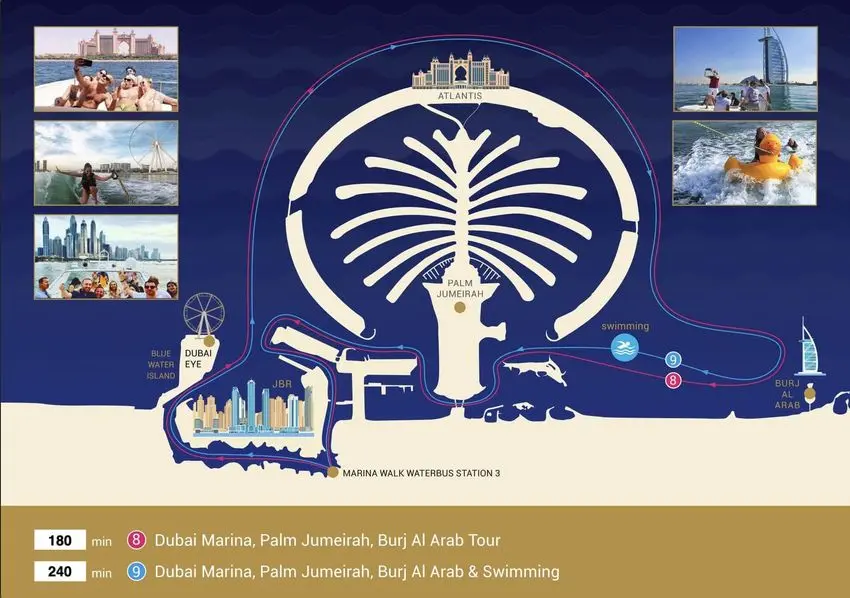 Illustrated Dubai coastline map showing the 180-minute and 240-minute Palm Jumeirah and Burj Al Arab cruise routes