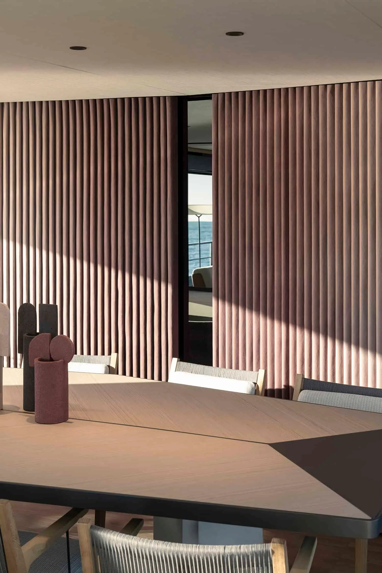 Azimut Grande 36M salon dining area with slatted wood partition, shipyard photo