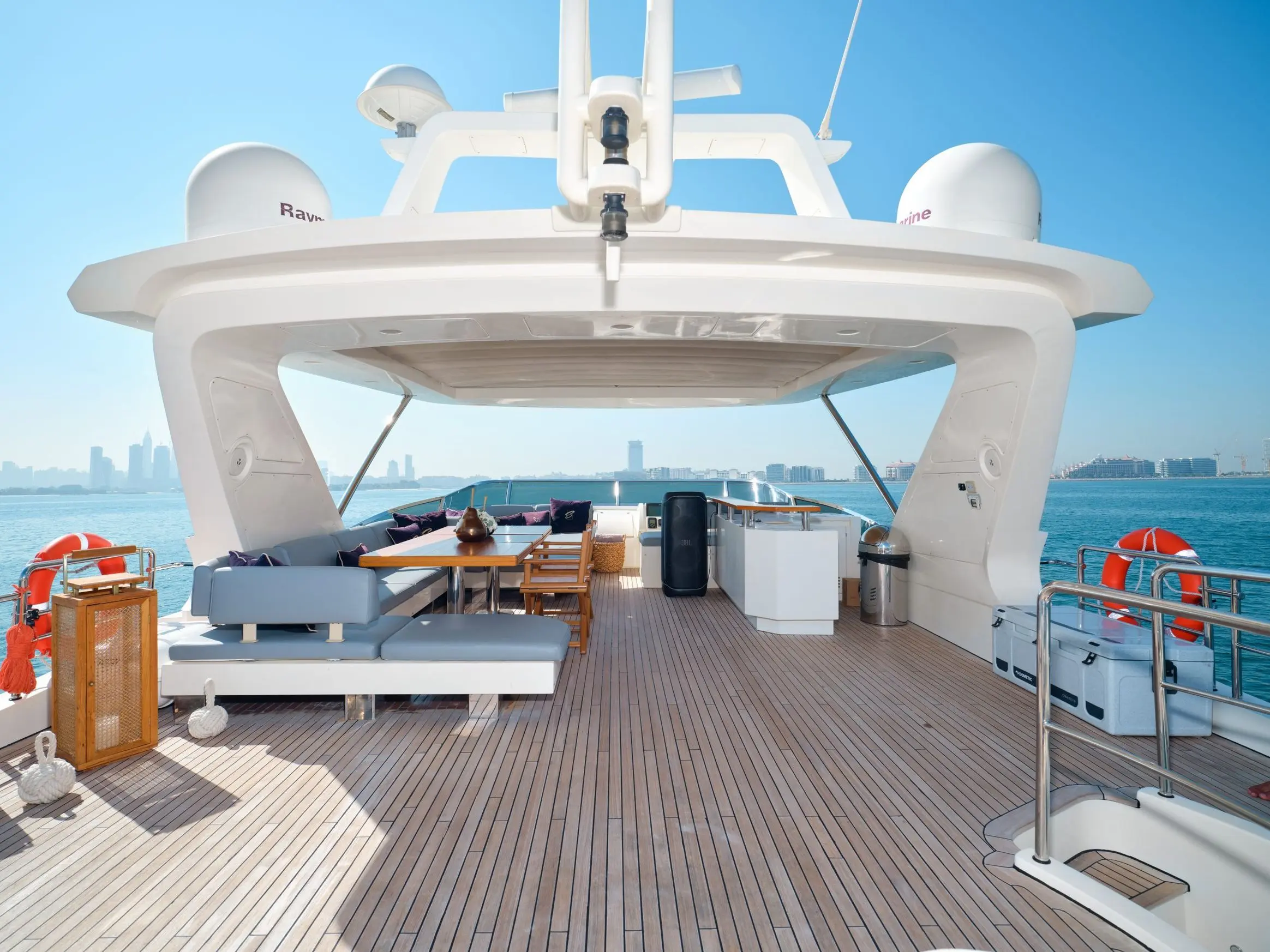 Upper deck seating and helm station on Azimut 88 yacht