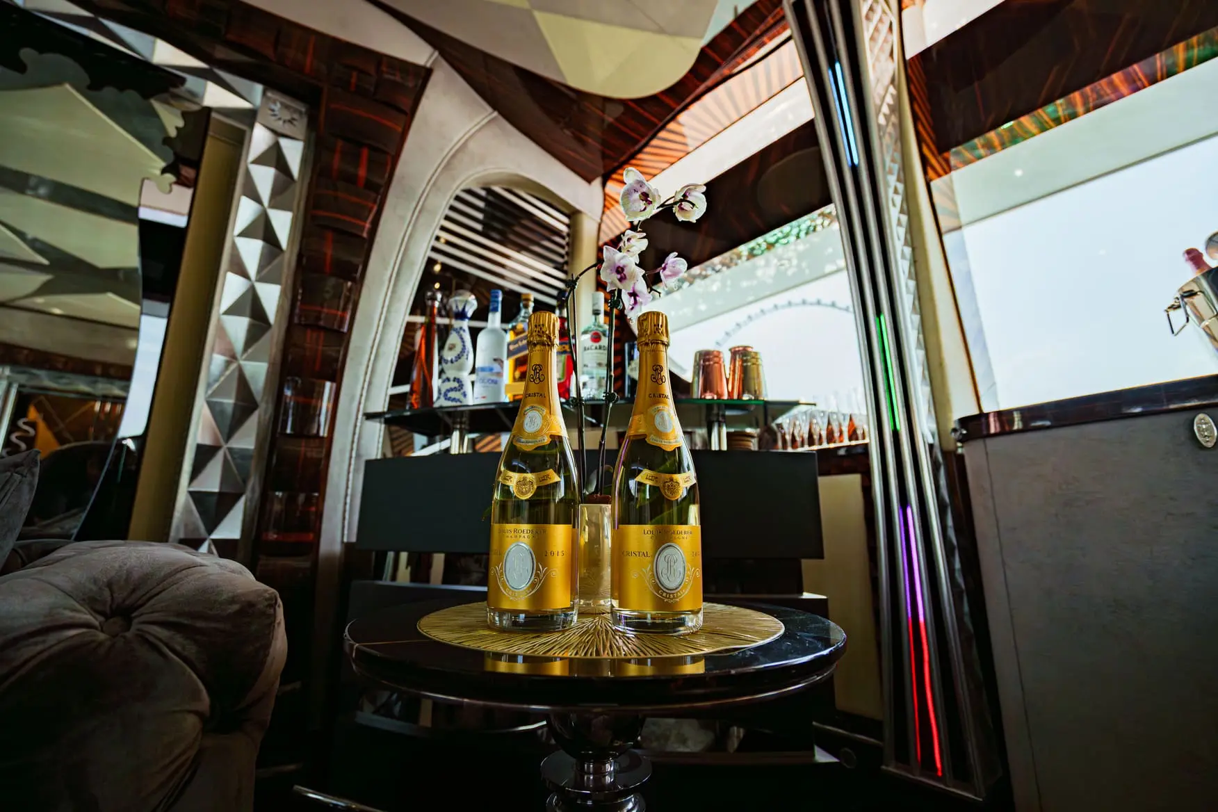 Thunder Superyacht luxury bar setup with premium bottles and elegant lighting
