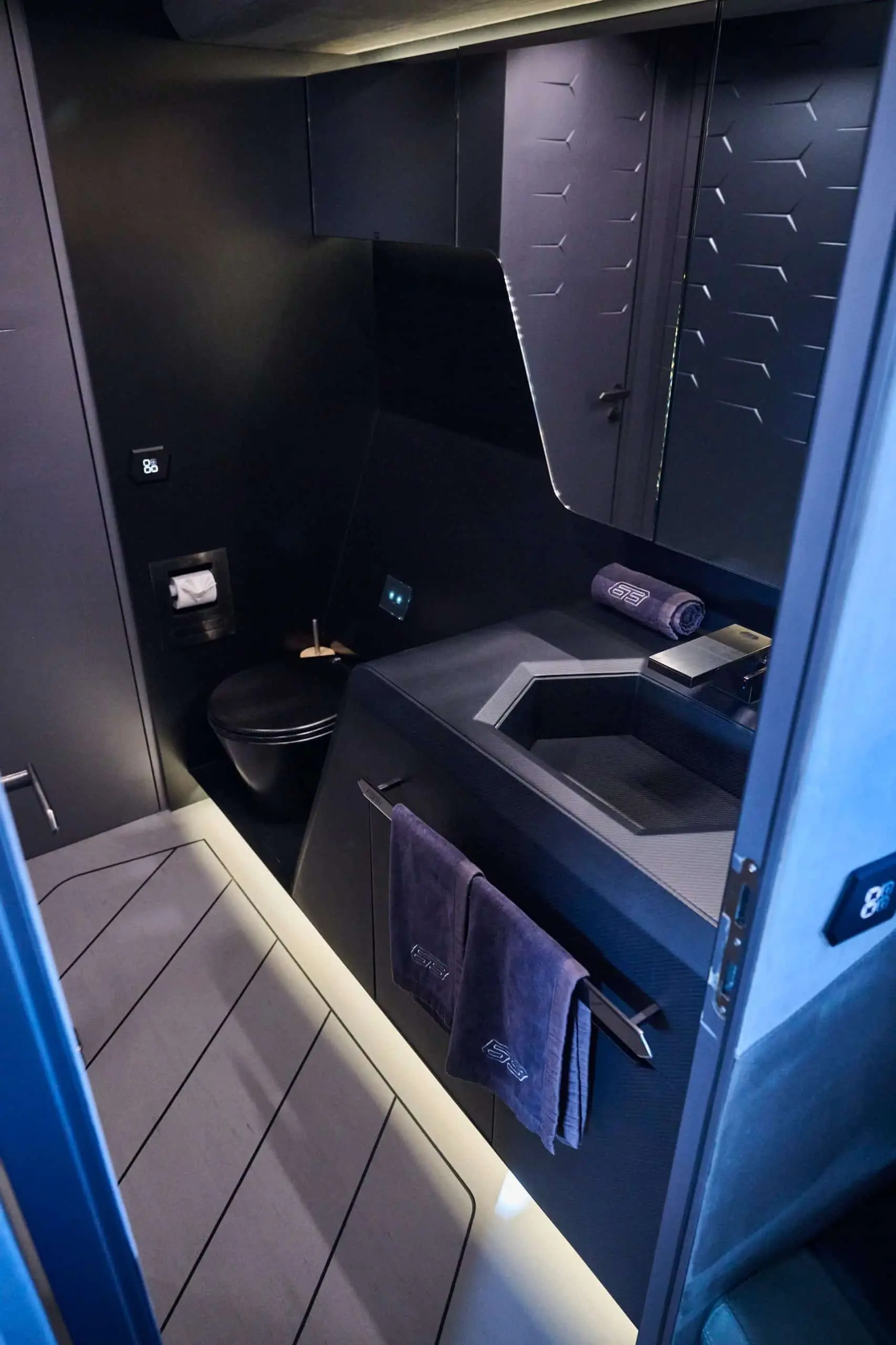 Lamborghini 63 yacht bathroom vanity with modern sink and integrated storage